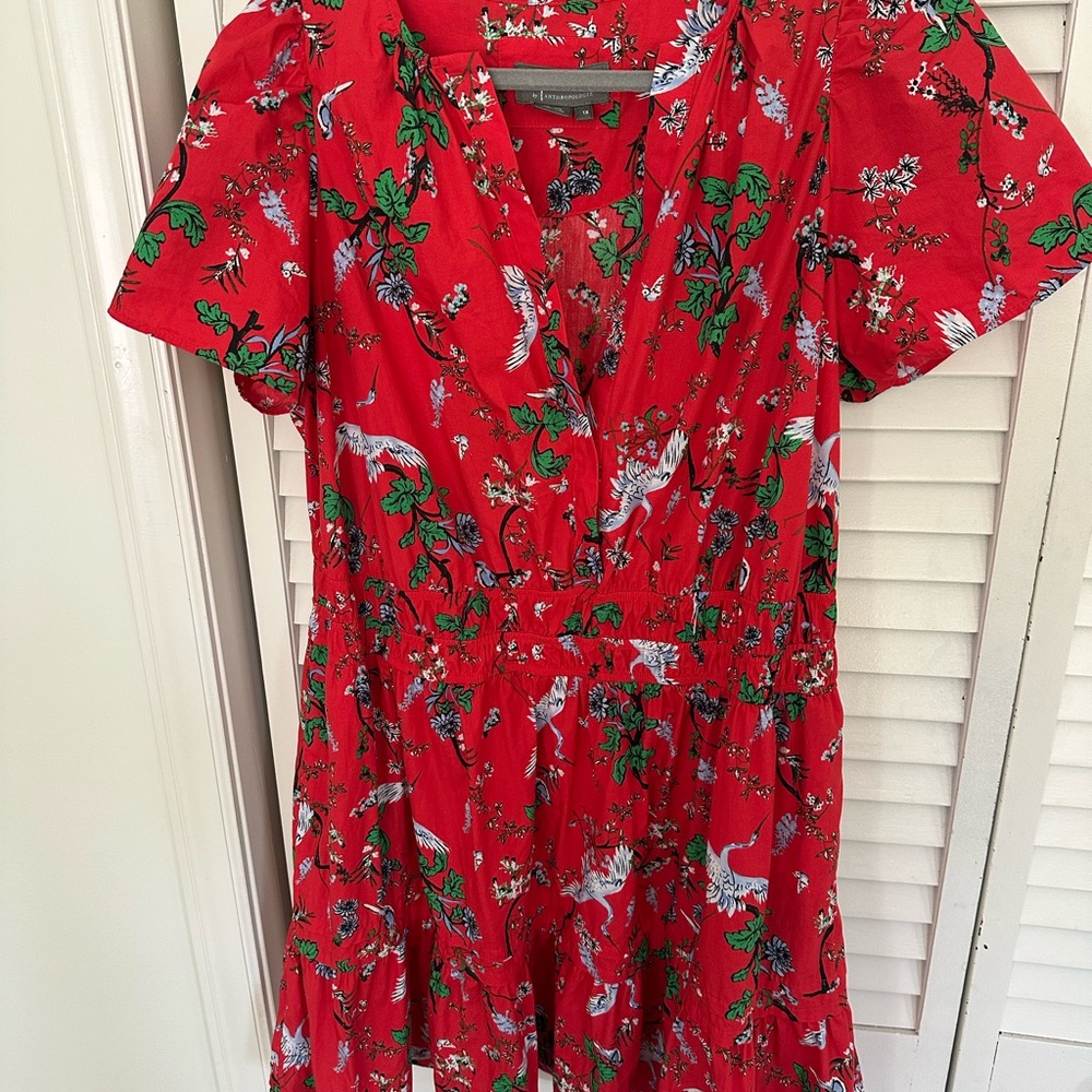 Anthropologie Red Floral & Crane Print Dress